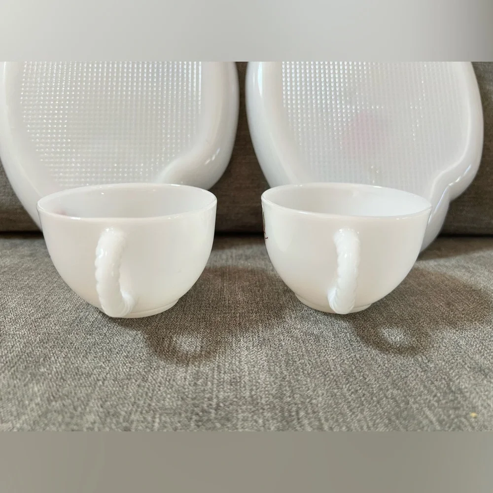 Tea Cup and Plate White Federal Milk Glass Red Rose‎ Vintage